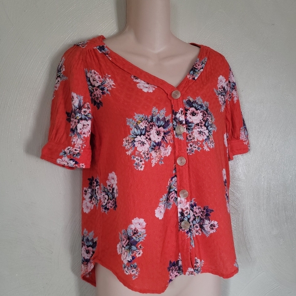 Maeve By Anthropology Reddish Orange Floral Hi-Low Blouse Size Women's 0 - Picture 4 of 9
